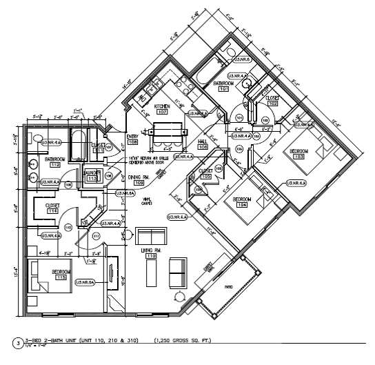 Floor plan for 3 beds, 2 baths, 1250 sqft